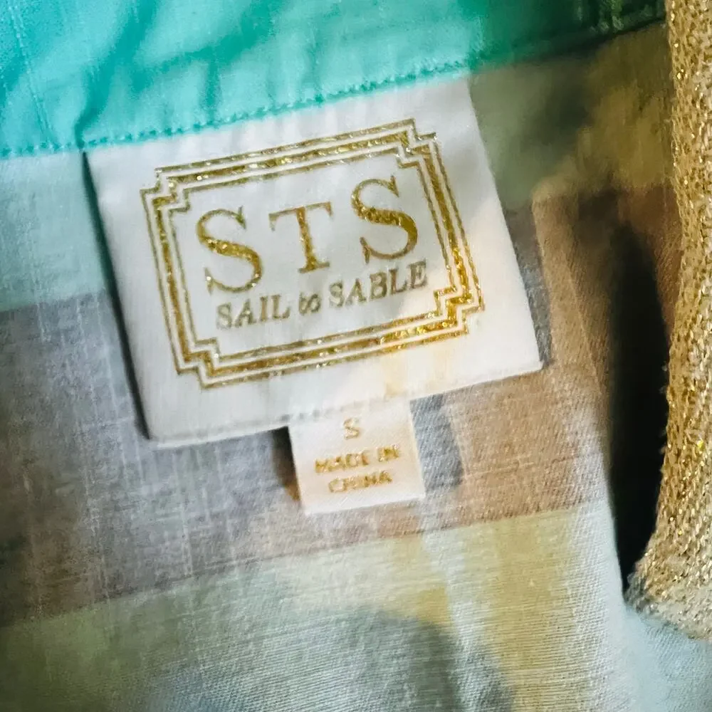 Sail To Sble Striped High Bishop Neck Dress Size S Small Teal Gold